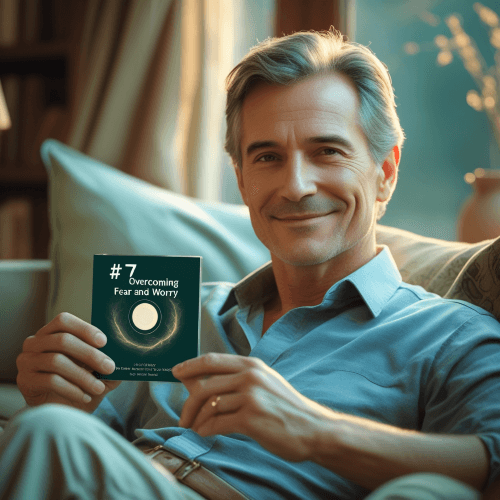 A man seated on a couch, holding the #7 Overcoming Fear and Worry CD, in a cozy and contemplative atmosphere.