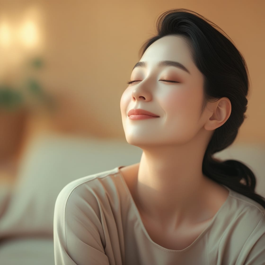 A woman with closed eyes gazing upward, exuding a serene and contemplative expression towards the camera.