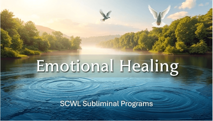 An abstract representation of emotional healing through subliminal programs, featuring flowing river, birds, trees along the bank  calming imagery.