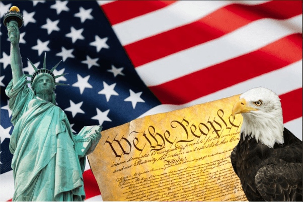 The Constitution, the Statue of Liberty, an Eagle and the American Flag are featured together, representing the essence of American patriotism and freedom.