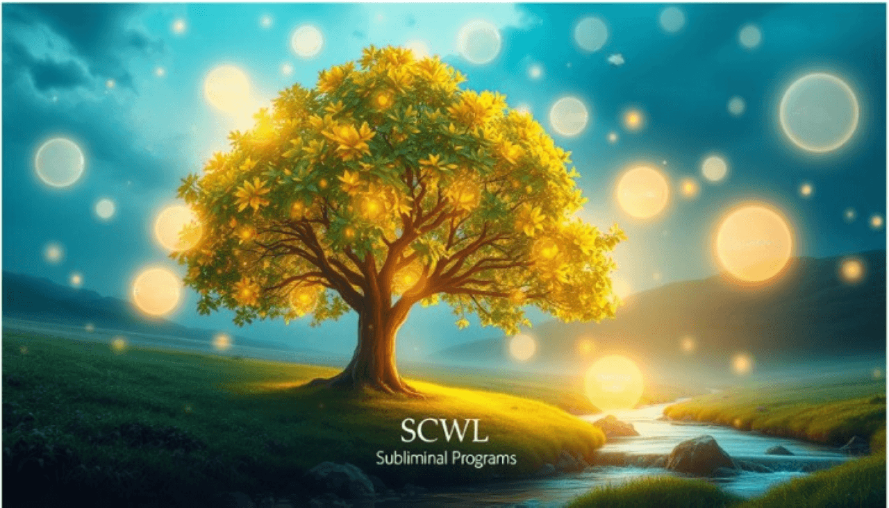 A serene landscape depicting a glowing tree with vibrant leaves, surrounded by radiant orbs of light symbolizing positive energy. Floating english affirmations in luminous, ethereal forms surround the tree, reflecting themes of abundance and prosperity. The atmosphere is filled with a sense of tranquility and hope, with a gentle stream flowing nearby, enhancing the feeling of manifestation and growth. Include the brand name "SCWL Subliminal Programs" subtly integrated into the natural elements of the scene.